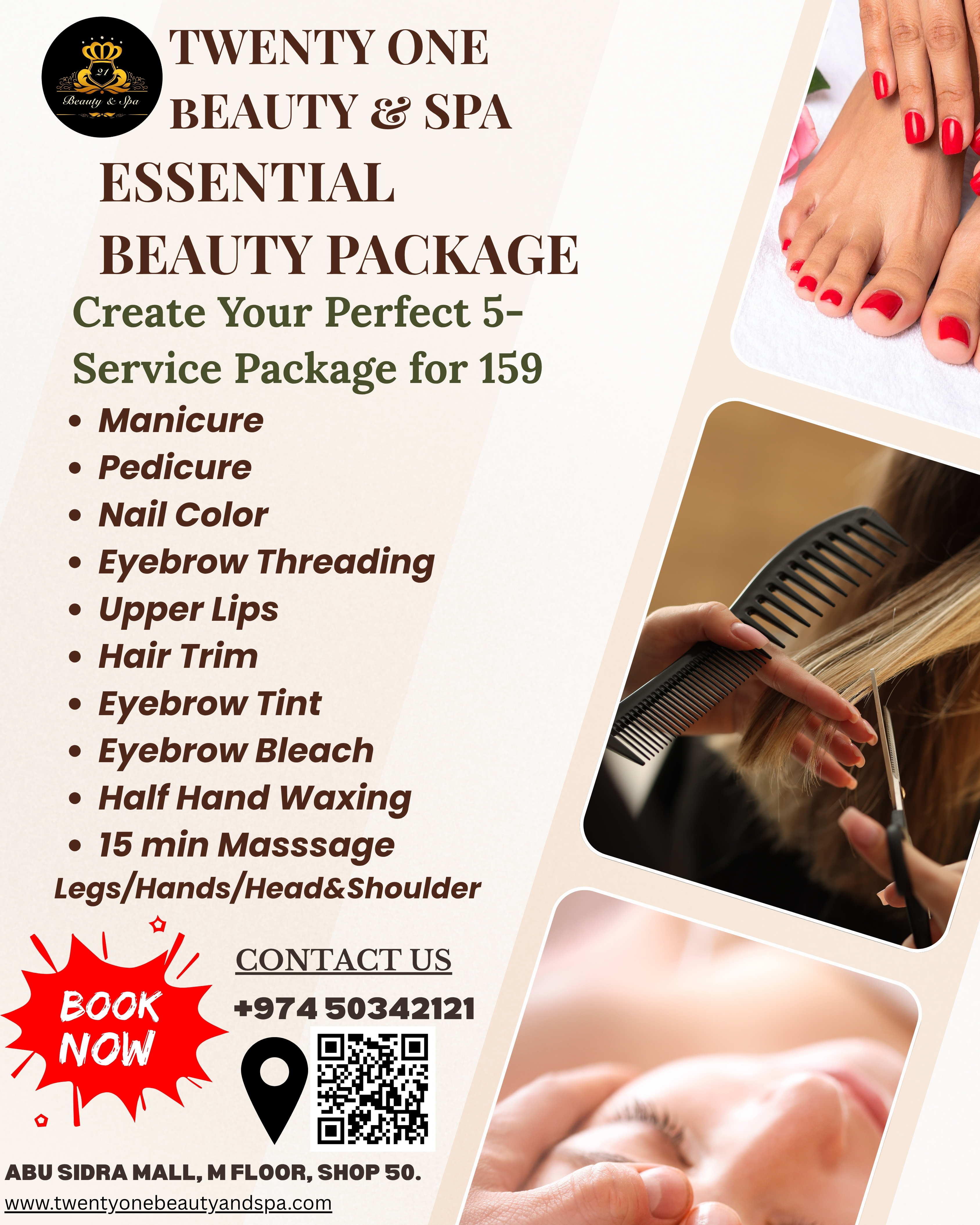 Professional beauty services including hair styling, rejuvenating facials, relaxing massages, threading, waxing, and custom henna at Twenty One Beauty and Spa.