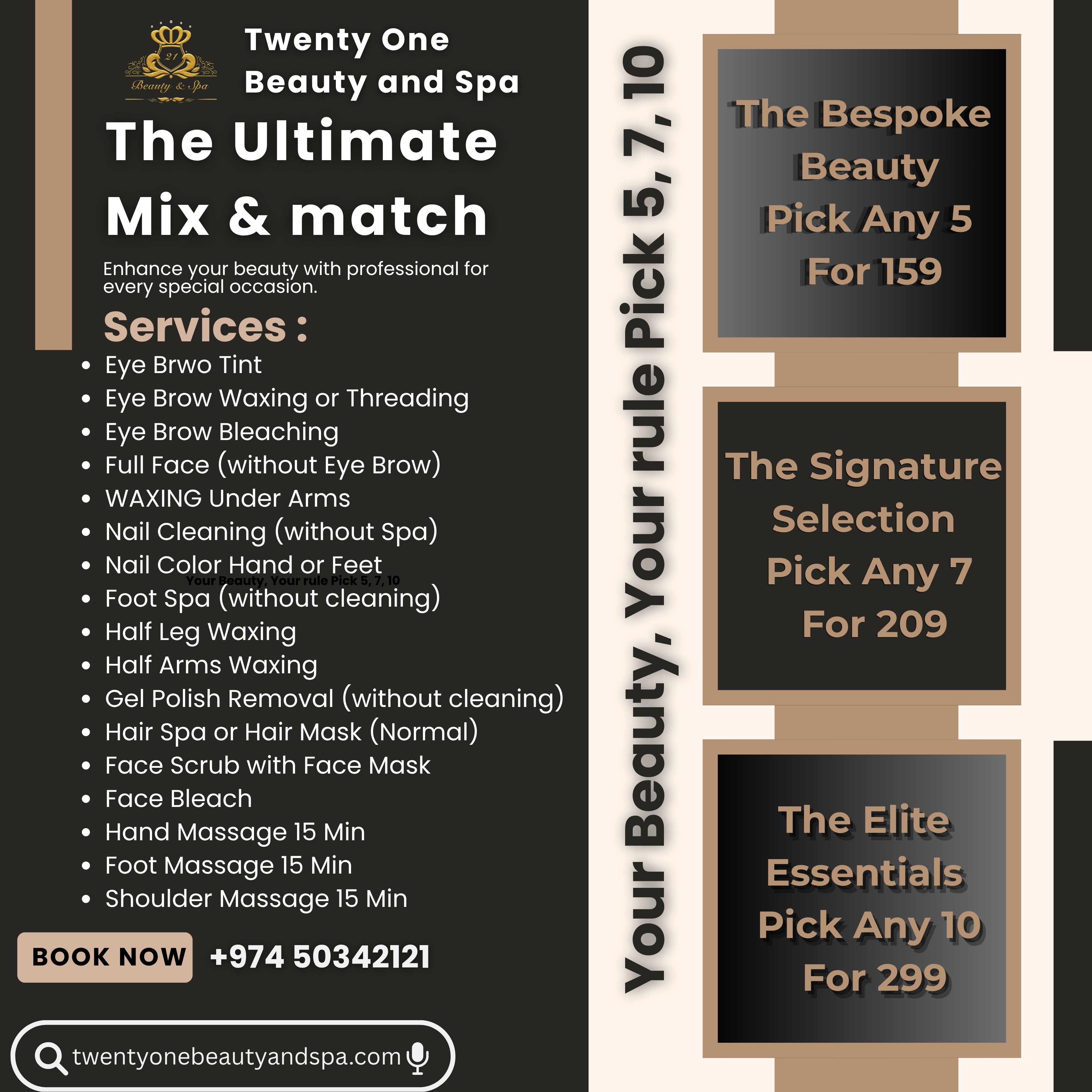 Professional beauty services including hair styling, rejuvenating facials, relaxing massages, threading, waxing, and custom henna at Twenty One Beauty and Spa.