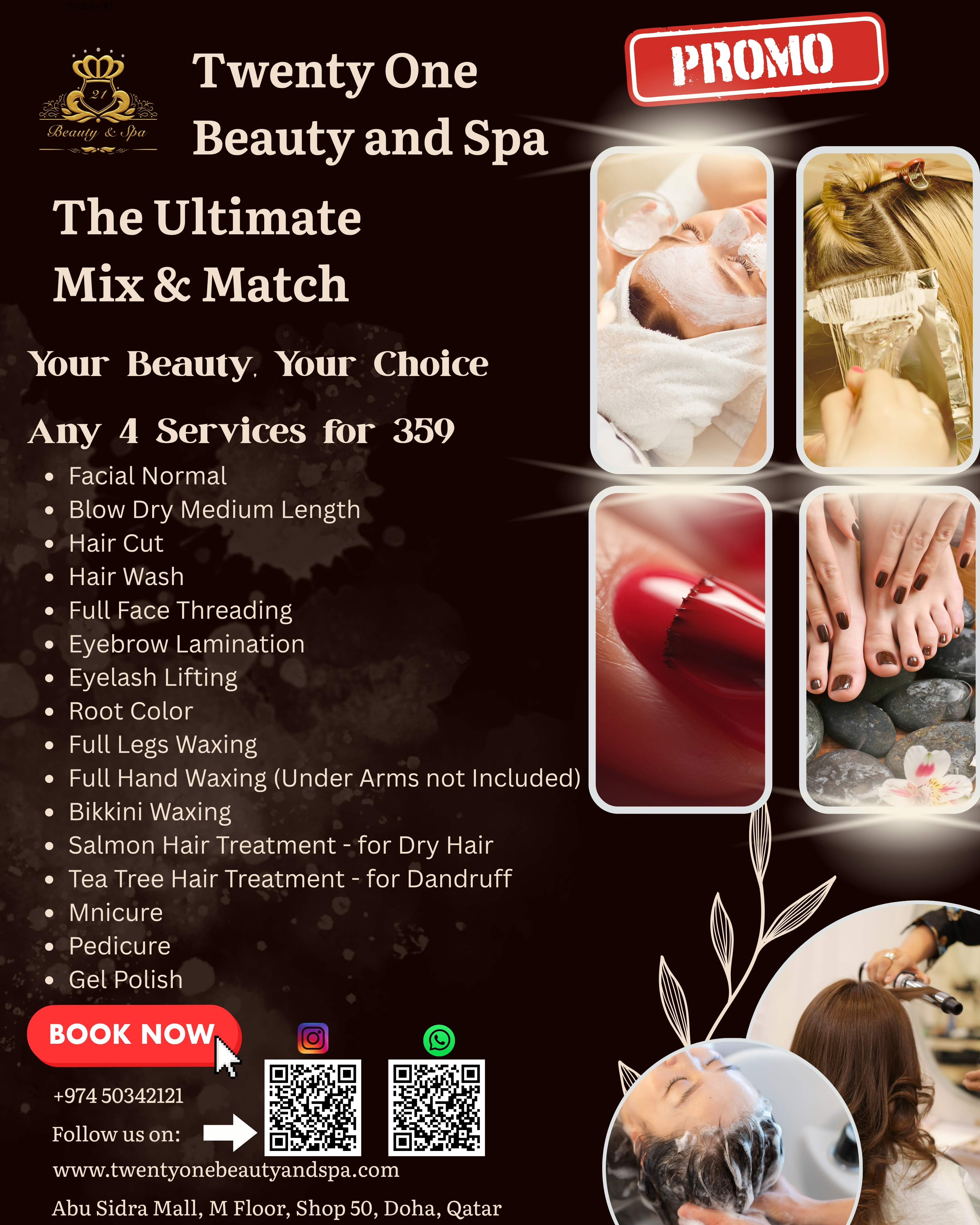 Professional beauty services including hair styling, rejuvenating facials, relaxing massages, threading, waxing, and custom henna at Twenty One Beauty and Spa.